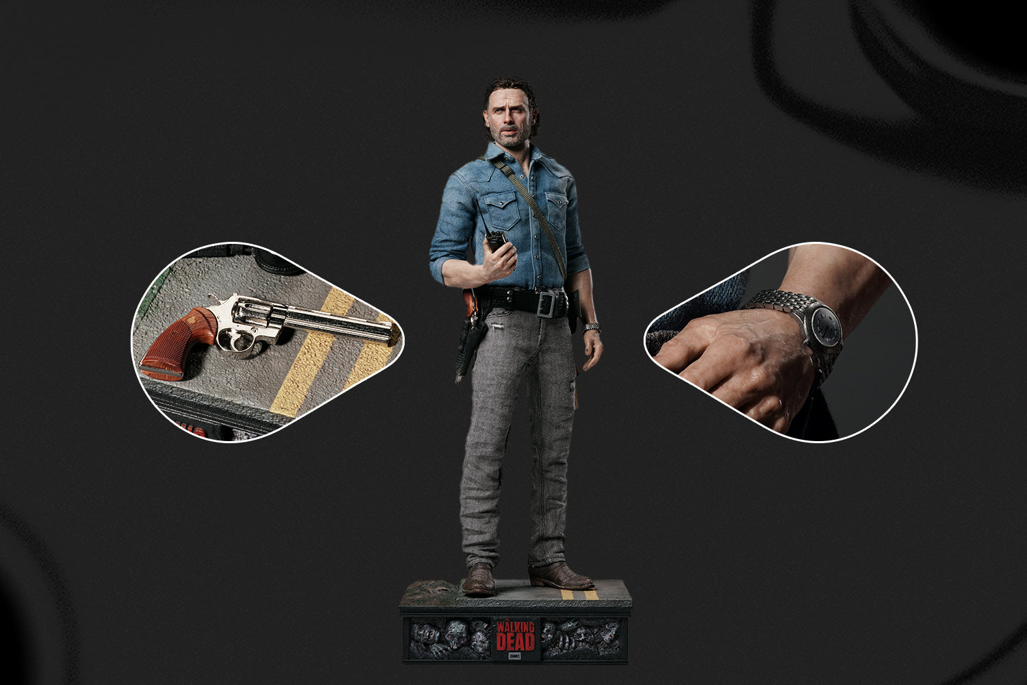1 6 action figure of Rick from The Walking Dead holding metal-plated revolver and finely crafted detachable wristwatch