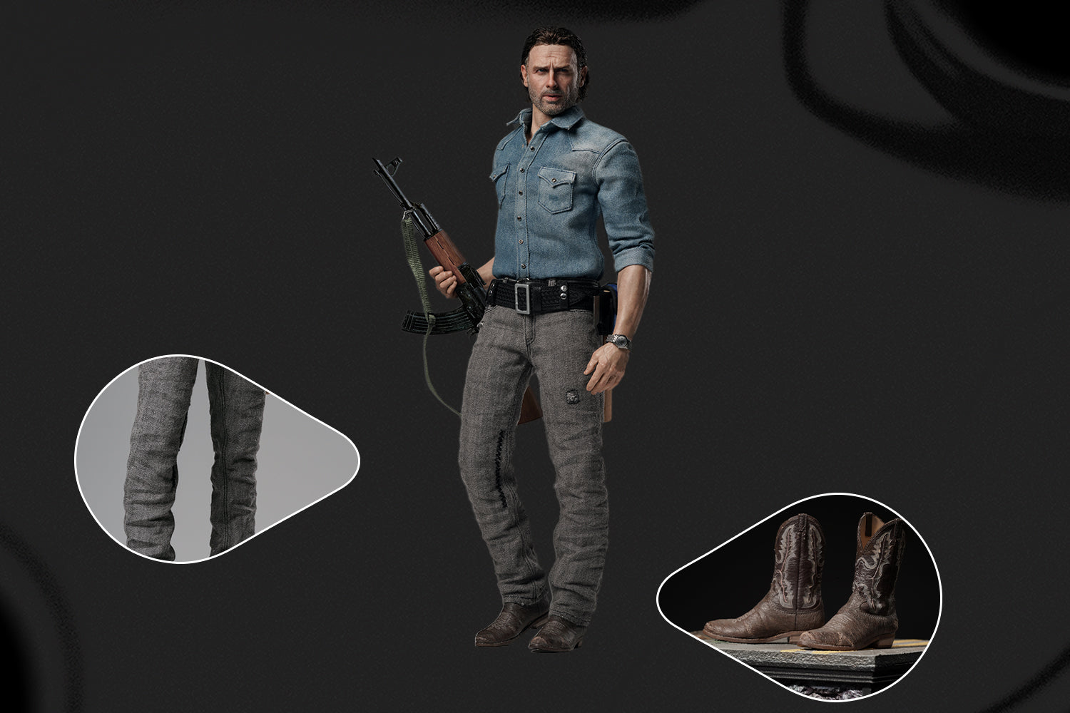 1 6 action figure of Rick from The Walking Dead with weathered boots and custom body in iconic bow-legged stance