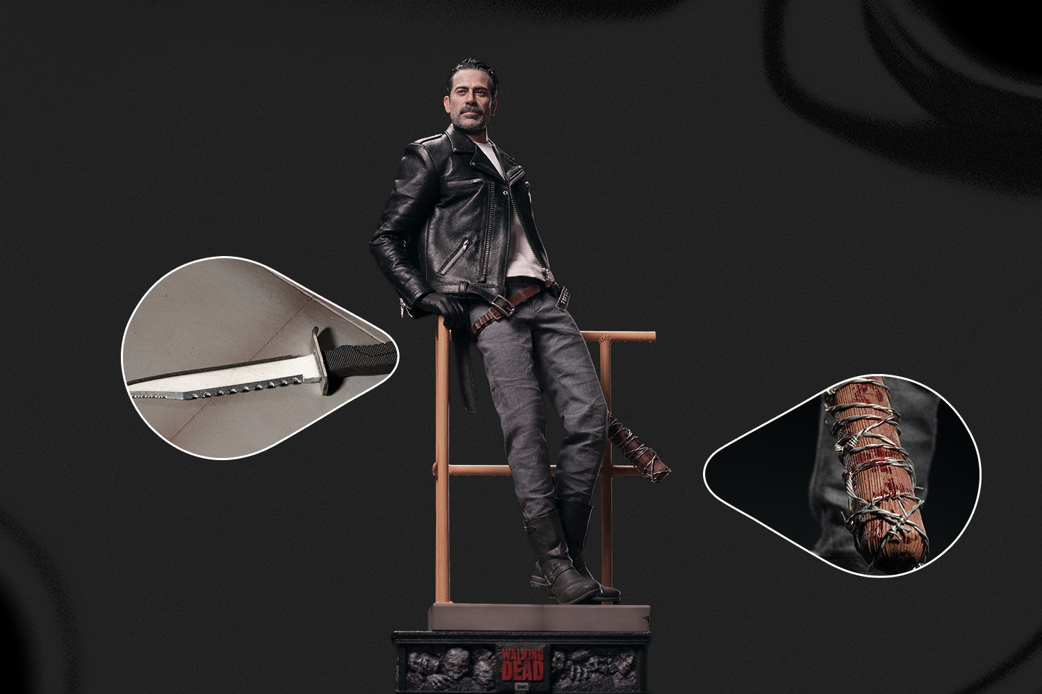 1 6 figure of Negan from The Walking Dead holding bloodstained Lucille bat and sheathed knife