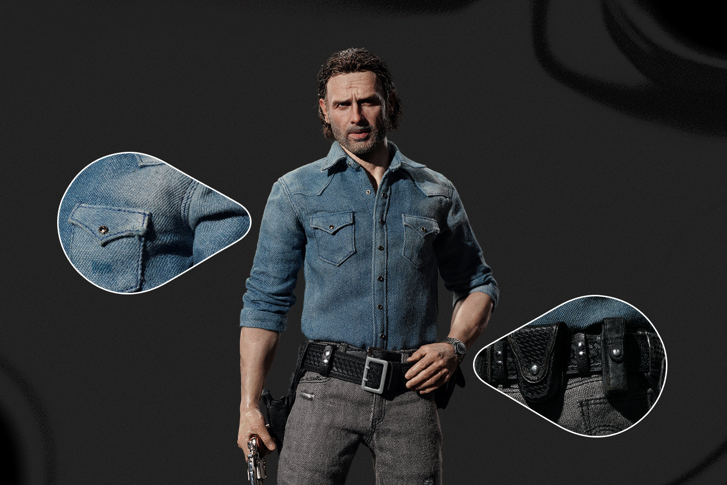 1 6 figure of Rick from The Walking Dead wearing real fabric distressed denim outfit with removable leather belt