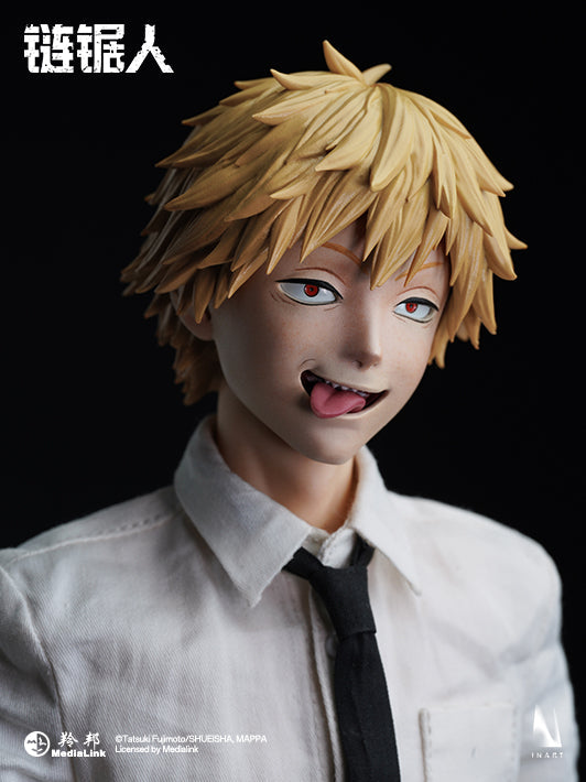 Chainsaw Man Denji figure with an alternate human head sculpt and Pochita accessory.