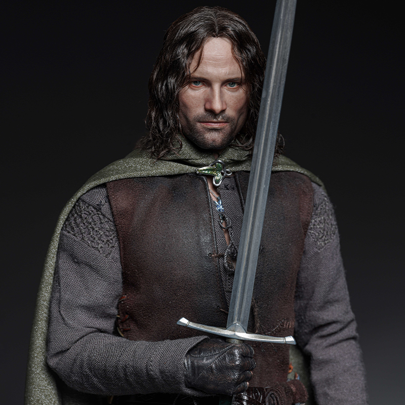 Side view of Aragorn 1-6 scale figure, capturing dynamic pose and costume details.