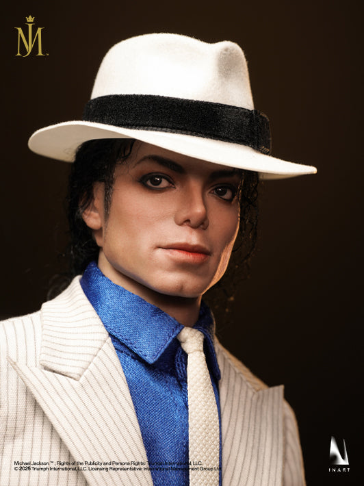 A highly detailed action figure of Michael Jackson in Smooth Criminal outfit, with clearly visible fabric textures