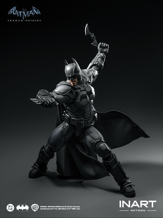 Close detail view of INART 1 12 arkham batman figure showing suit texture, movable joints, and pose flexibility