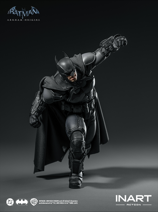 Detailed close-up of INART 1 12 arkham batman figure featuring articulated body, cape flow, and action figure posing