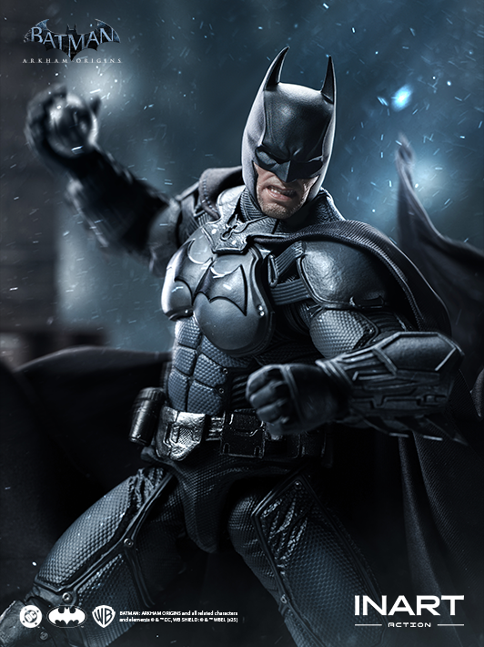 Detailed image of INART 1 12 arkham batman figure highlighting sculpted cowl, body articulation, and action figure realism