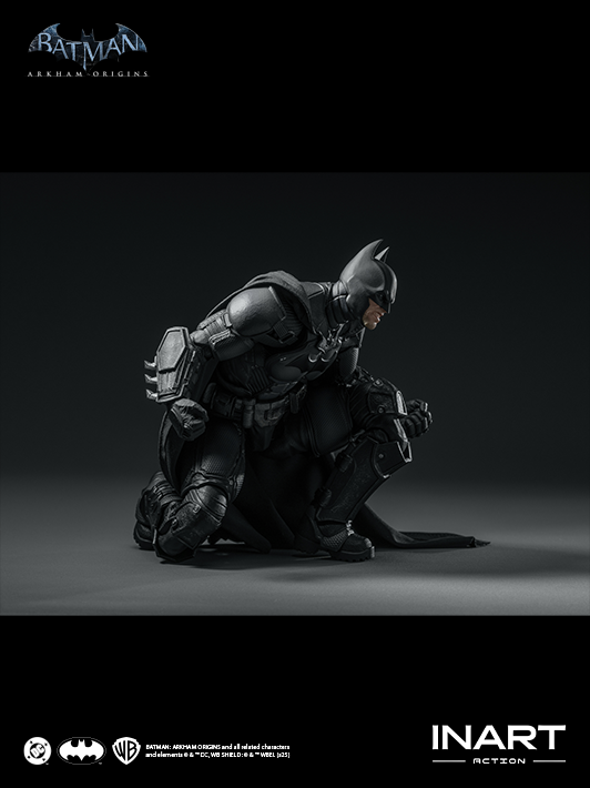 Dynamic display of INART 1 12 arkham batman figure emphasizing joint articulation, cape movement, and realism