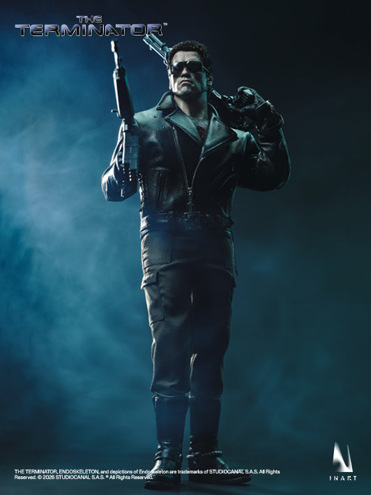 Full body display of INART t800 sixth scale collectible figure with articulated joints and authentic accessories