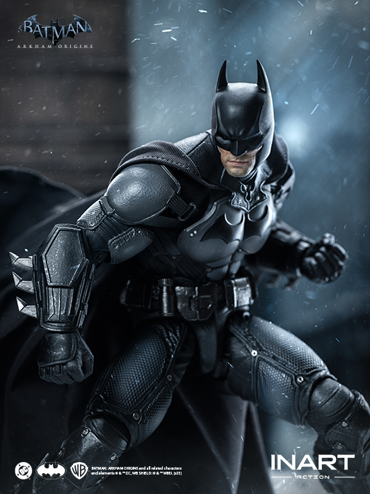 INART 1 12 arkham batman figure close-up revealing sculpt depth, textures, and action figure mobility