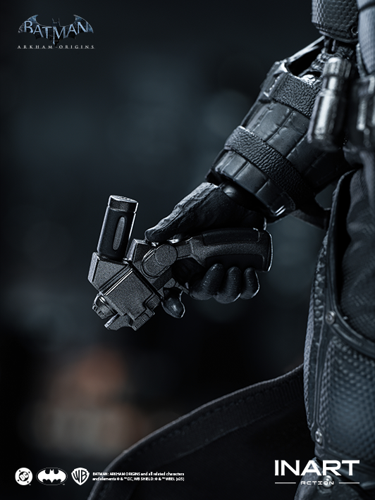 INART 1 12 arkham batman figure detail shot focusing on Batclaw Cable accessories and sculpt accuracy