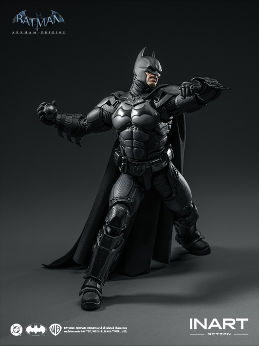 INART 1 12 arkham batman figure displayed in dramatic pose with articulated limbs and detailed action figure head sculpt