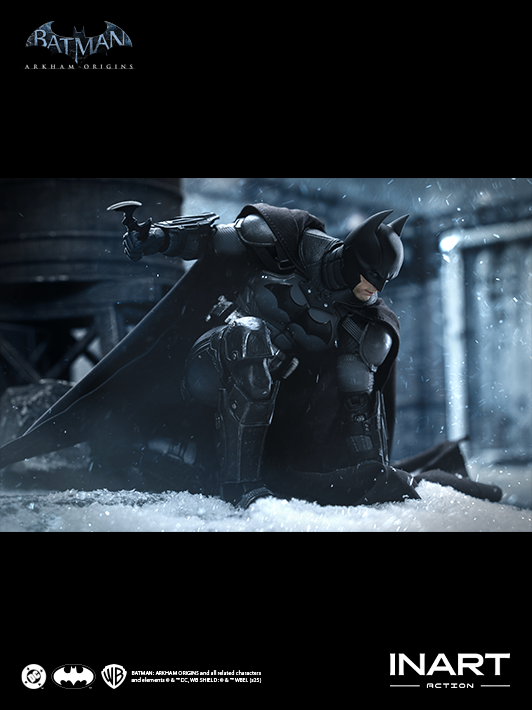 INART 1 12 arkham batman figure final showcase with Batarang, Batclaw, and articulated body design