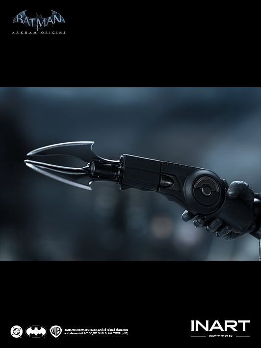 INART 1 12 arkham batman figure photographed holding Batclaw and Batclaw Cable, realistic action figure styling