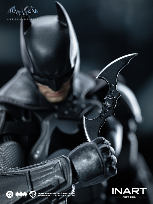 INART 1 12 arkham batman figure posed with Batarang and Batclaw, detailed head sculpt and flexible action figure joints