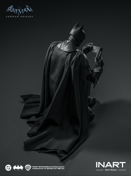 INART 1 12 arkham batman figure posed with Disruptor and Cryptographic Sequencer action figure gear