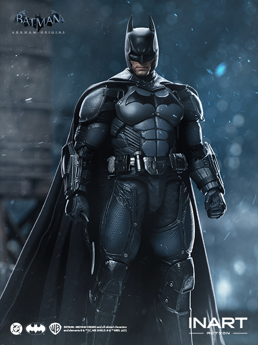INART 1 12 arkham batman figure shown with flexible joints, realistic armor textures, dynamic pose action figure display