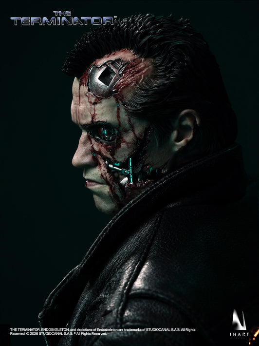 inart t800 sixth scale figure showing battle-damaged head sculpt in side profile