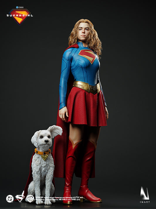 Supergirl 2026 1/6 collectible figure displayed with Krypto accessory