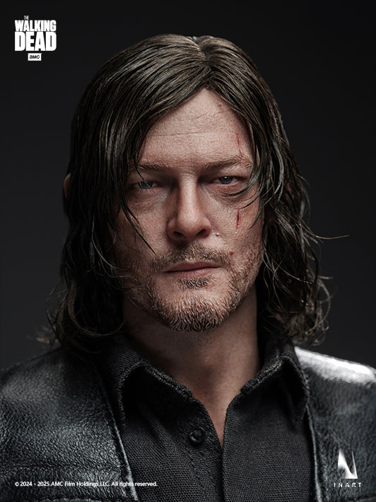 daryl 1 6 collectible figure wearing rugged leather vest holding crossbow and knife with detailed facial scar