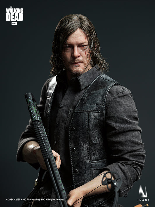 daryl collectible figure with custom body wearing leather vest carrying knife and crossbow with realistic facial scar