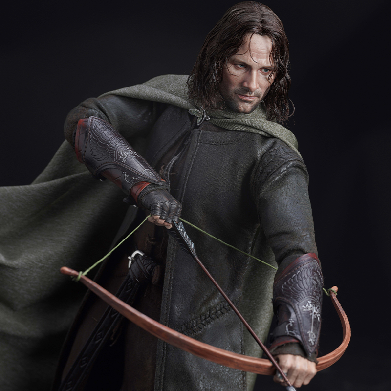 Close-up of Aragorn 1-6 collectible figure's battle-worn armor and weapon.
