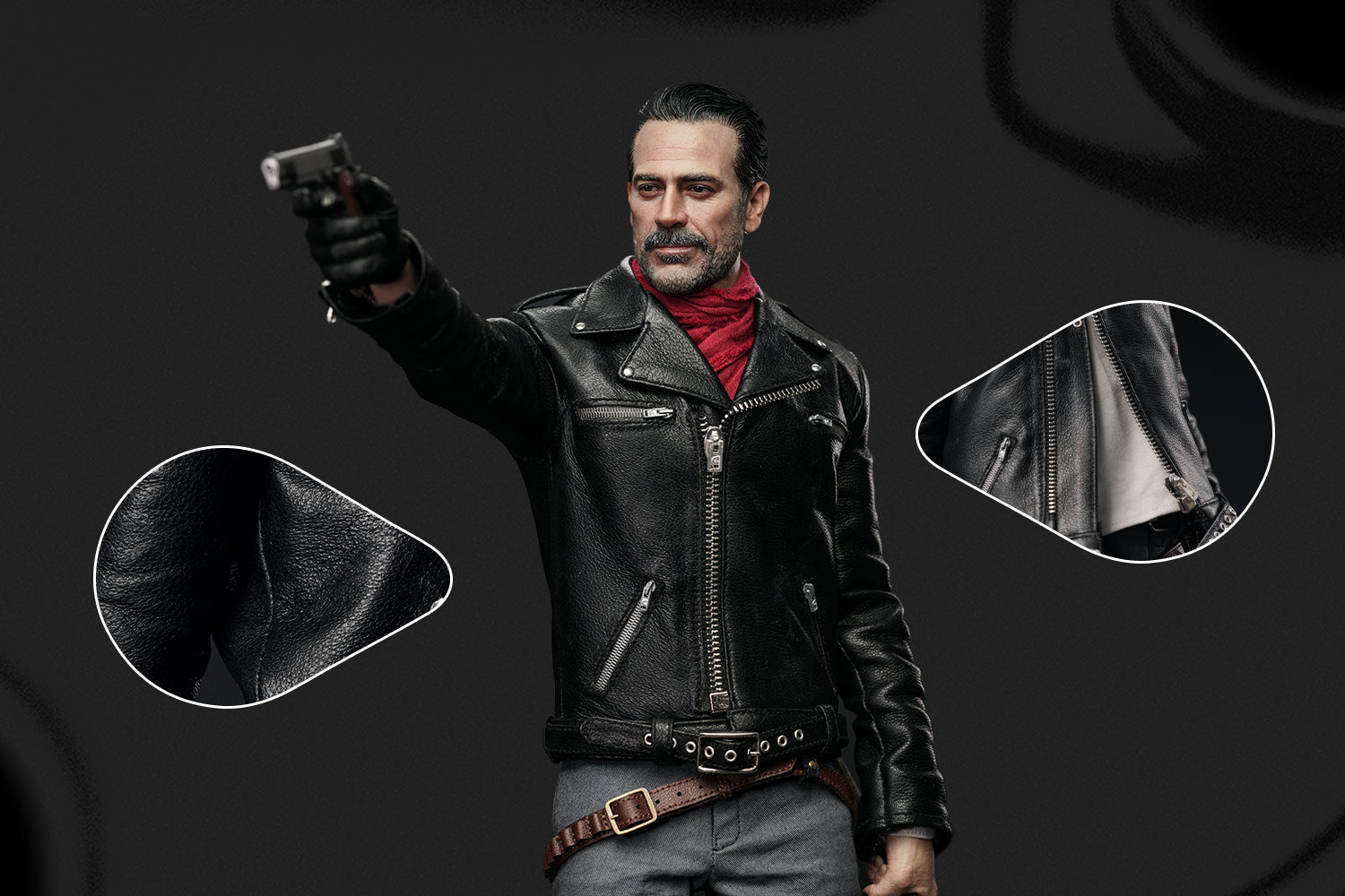 1 6 action figure of Negan from The Walking Dead wearing real leather biker jacket with adjustable zipper