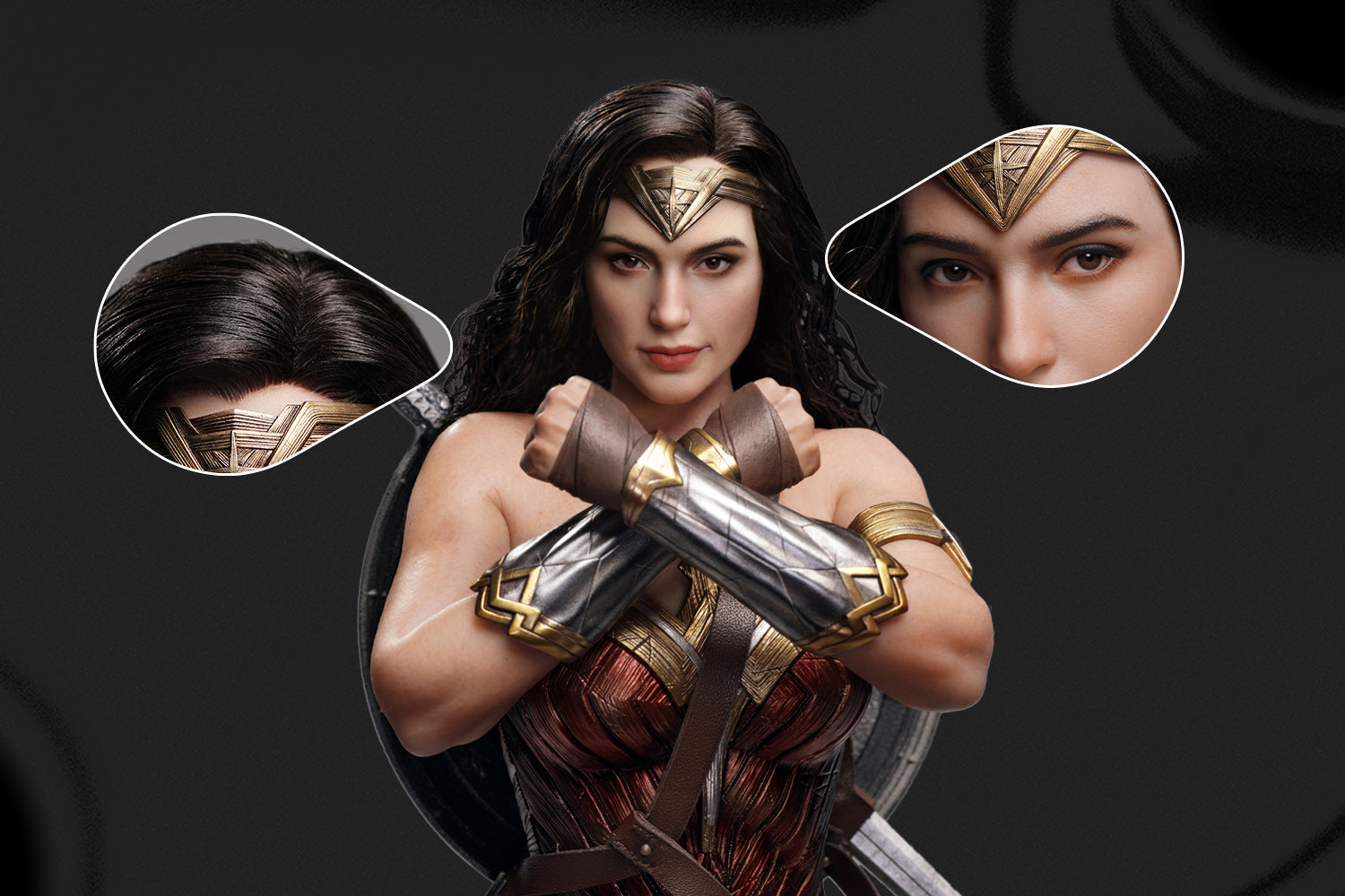 Close-up of INART Wonder Woman 1 6 action figure with movable eyes and hand-planted wool hair, showcasing unmatched realism