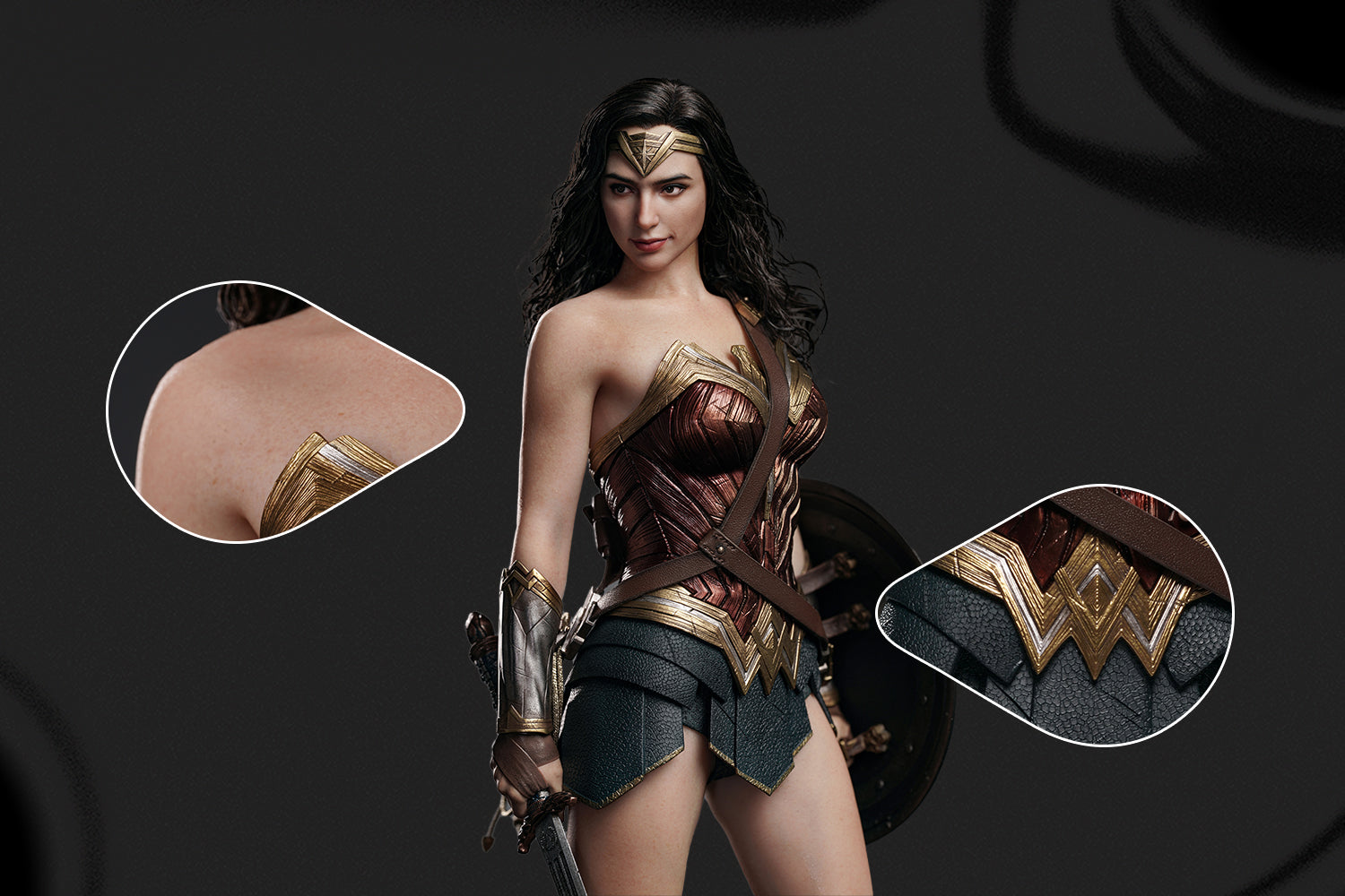 Detailed shot of INART Wonder Woman 1 6 action figure highlighting lifelike skin textures and intricately tailored costume 