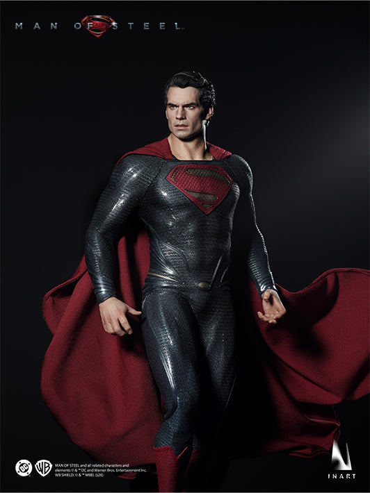 INART Man of Steel Superman 1/6 figure in a dynamic walking pose with wired red cape