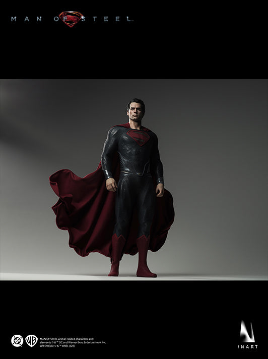 INART Man of Steel Superman 1/6 figure posed with a flowing wired cape on the display base