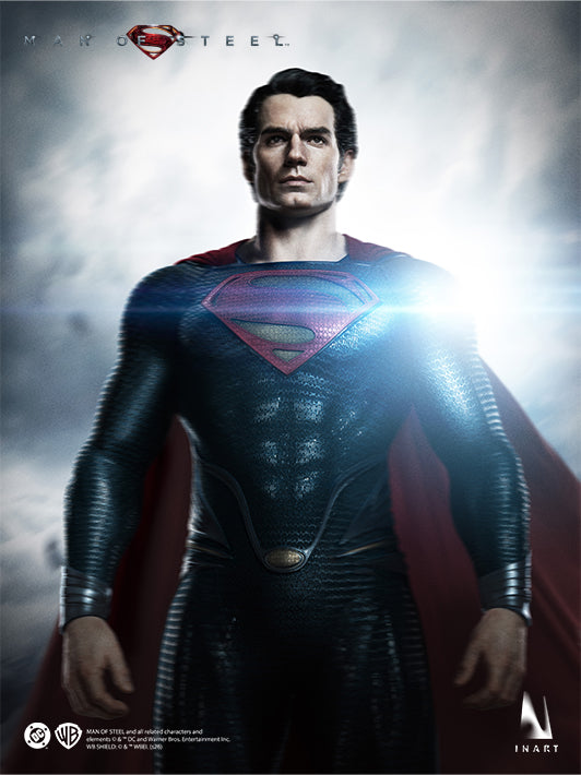 INART Superman 1/6 collectible figure standing against bright sunlight in the Man of Steel suit