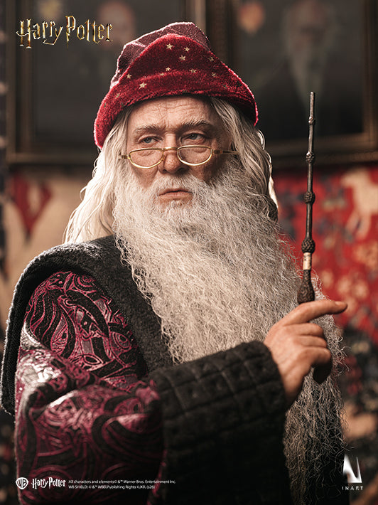 lifelike albus dumbledore figure head with wand raised, faithfully capturing the wizard s iconic look from Harry Potter