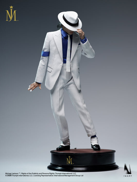 Michael Jackson action figure stands on a base, showcasing the iconic pose with one hand pressing the hat