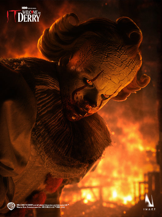 Pennywise 1/6 collectible figure laughing head sculpt under fiery lighting